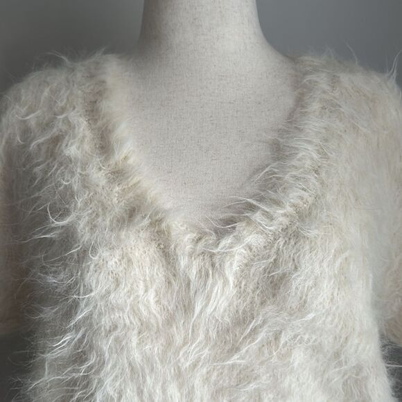 Nation LTD Suri Alpaca Wool Blend Fuzzy Short Sleeve Sweater Ivory Cream Size M - Picture 4 of 9